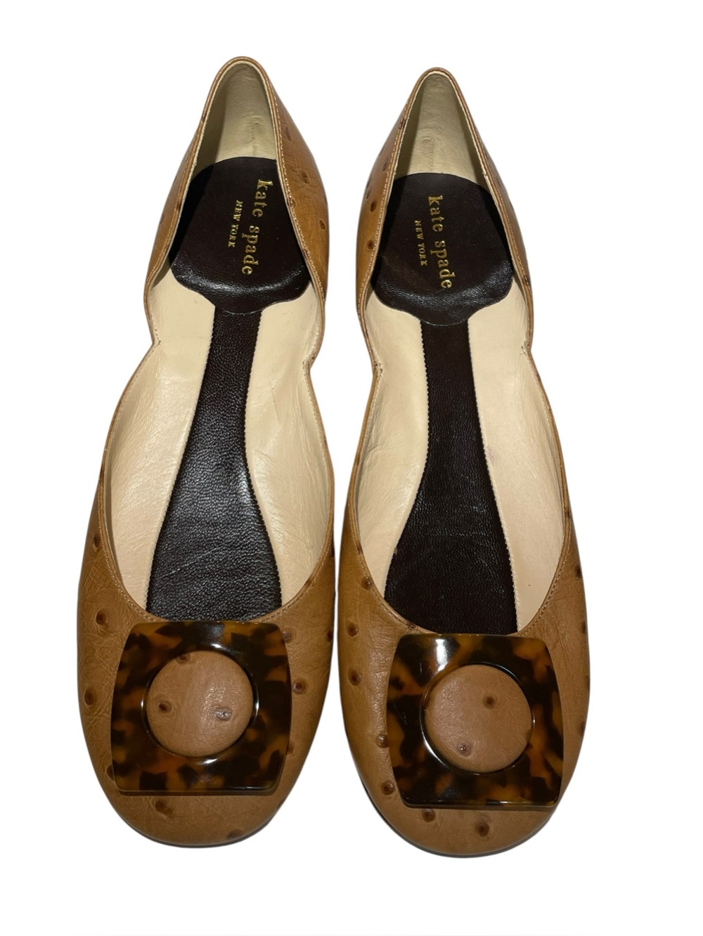 Vintage kate spade D'Orsay Fawn Leather Ostrich Flats Tortoiseshell Buckle 9.5